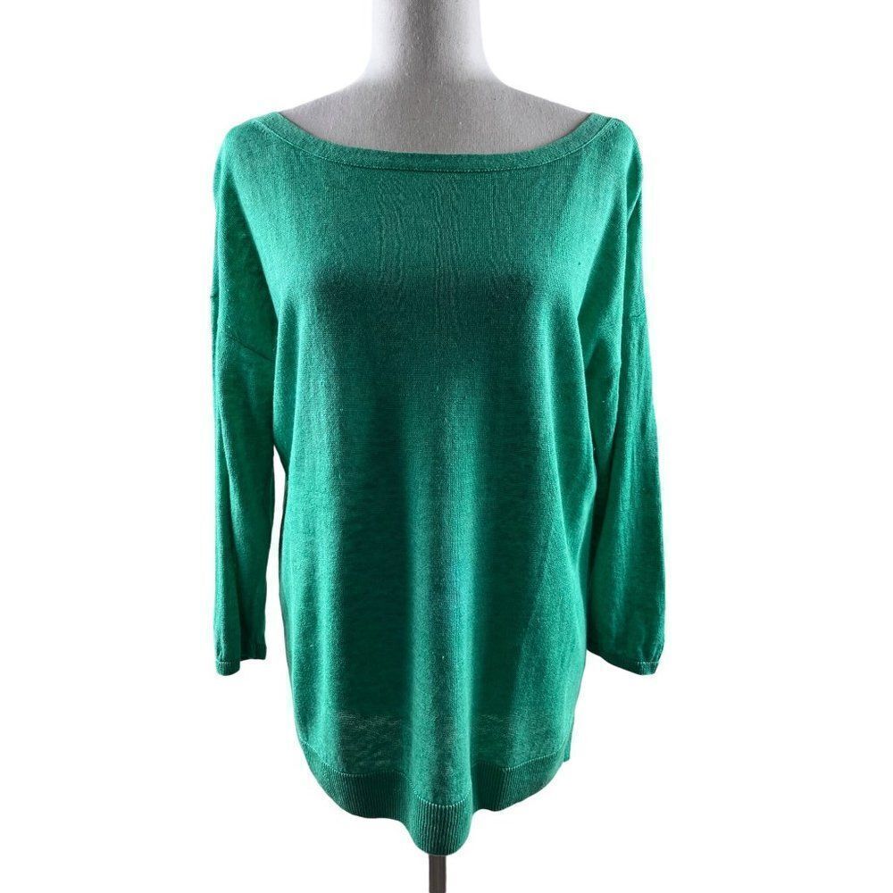 Talbots Linen 3/4 Sleeve Tassel Tie Back Pullover Blouse Kelly Green Medium